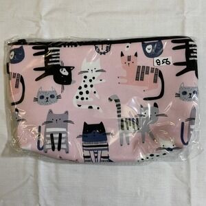 The Pouch Cosmetic Bag Women Small Pink NWT Cat Print Zipper Travel Pouch 8x5